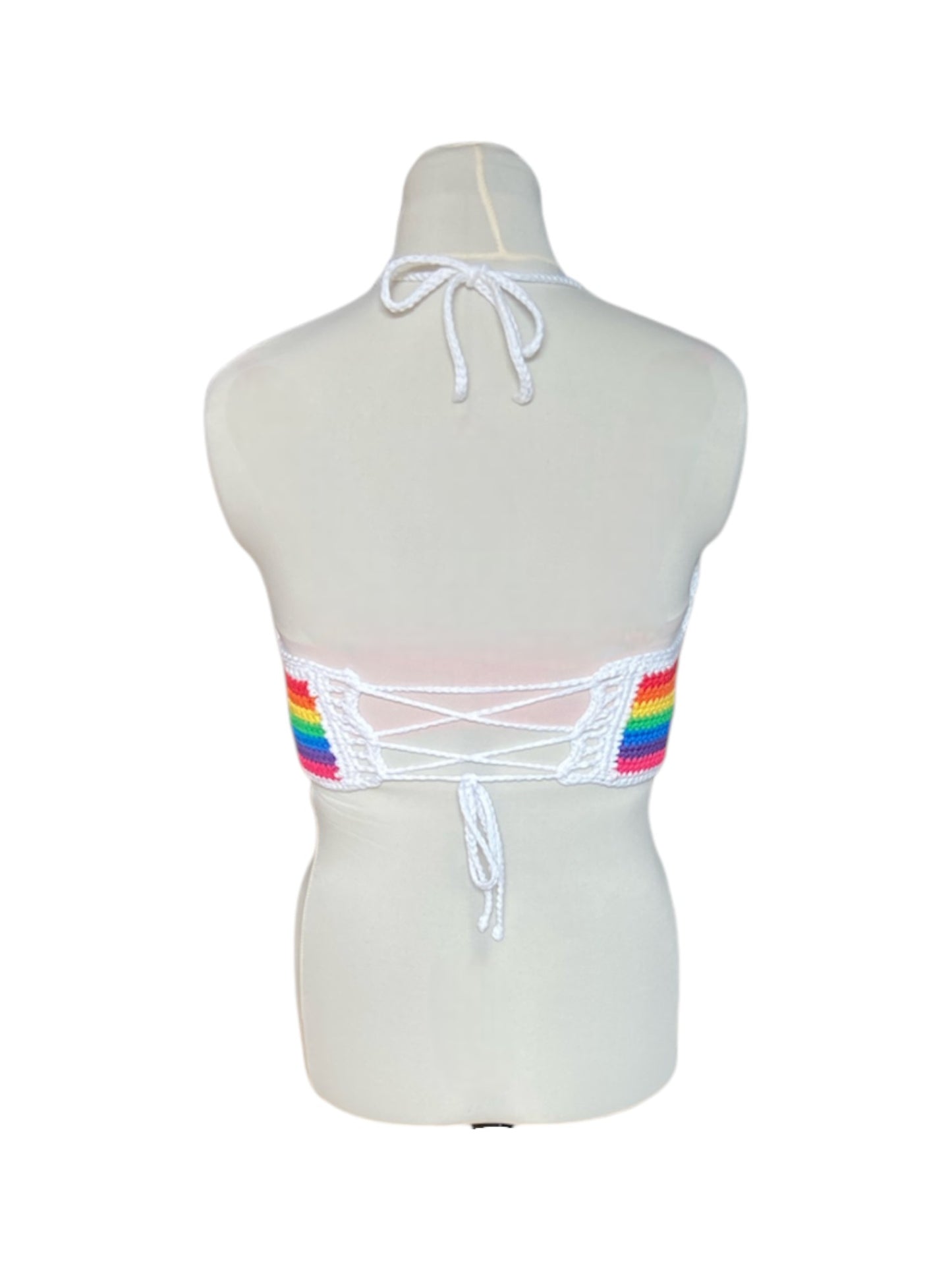 Gehaakte, gestreepte corset crop-top katoen regenboog – handgemaakte festival top – maat L