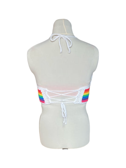 Gehaakte, gestreepte corset crop-top katoen regenboog – handgemaakte festival top – maat L