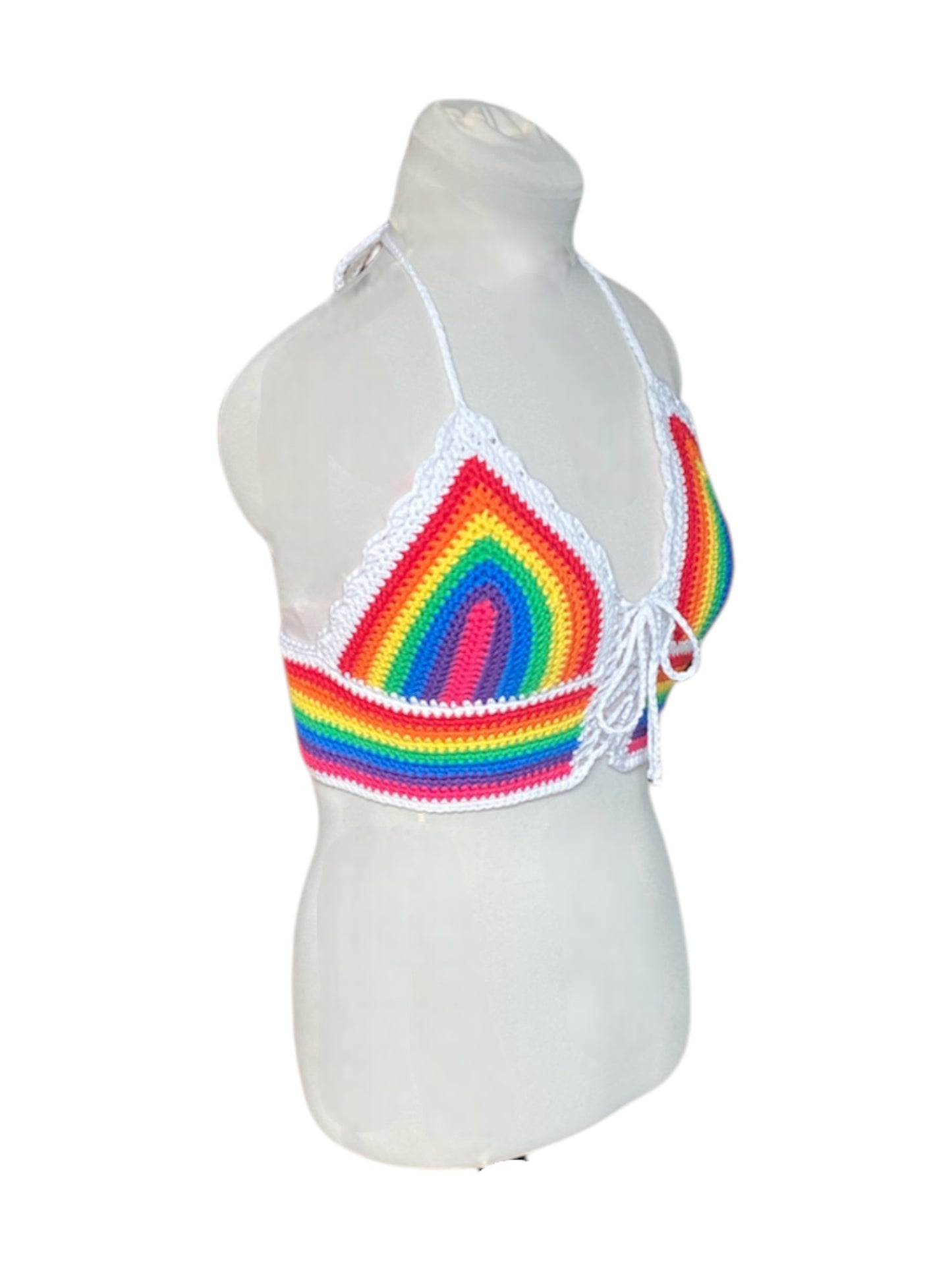 Gehaakte, gestreepte corset crop-top katoen regenboog – handgemaakte festival top – maat L