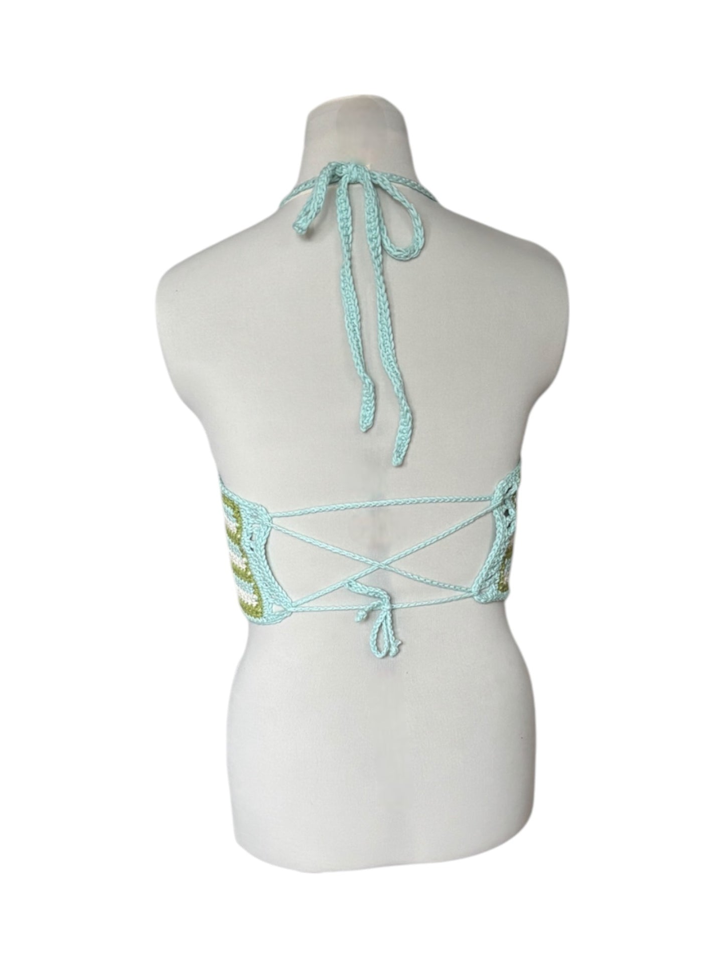 Gehaakte, gestreepte corset crop-top katoen creme, blauw, groen – handgemaakte festival top – maat M