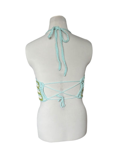 Gehaakte, gestreepte corset crop-top katoen creme, blauw, groen – handgemaakte festival top – maat M