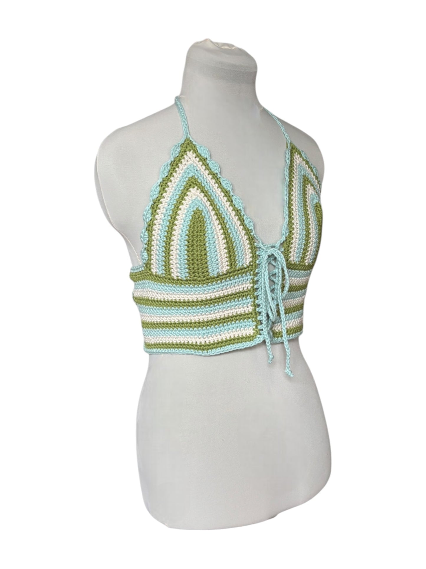 Gehaakte, gestreepte corset crop-top katoen creme, blauw, groen – handgemaakte festival top – maat M