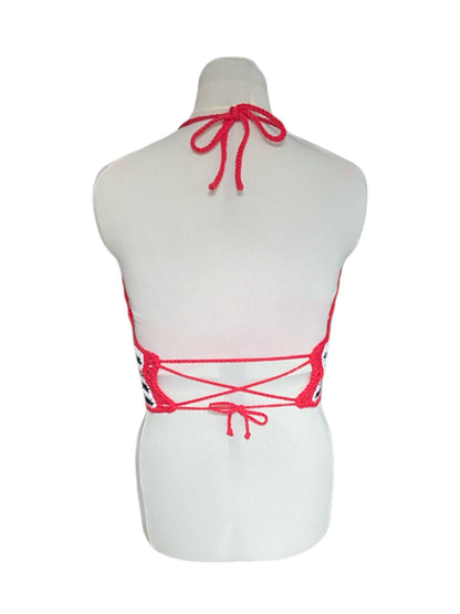 Gehaakte, gestreepte corset crop-top katoen zwart, wit, rood – handgemaakte festival top – maat XL