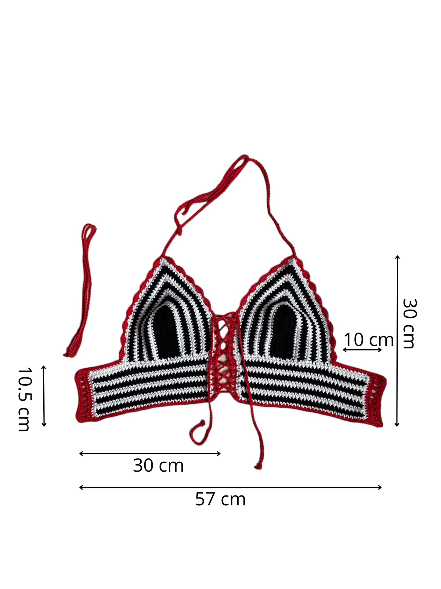 Gehaakte, gestreepte corset crop-top katoen zwart, wit, rood – handgemaakte festival top – maat XL