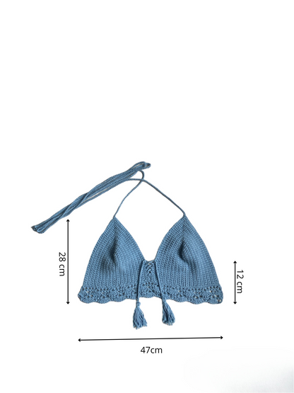 Gehaakte crop-top bralette katoen lichtblauw – handgemaakte boho festival top – maat XL