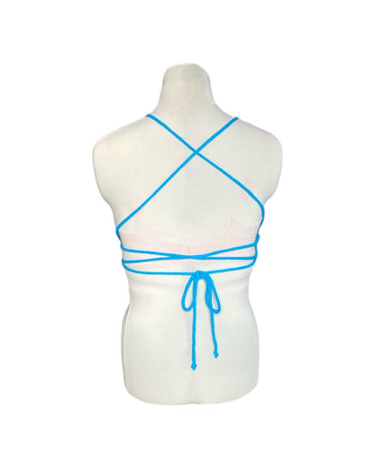 Gehaakte crop-top bralette katoen blauw – handgemaakte boho festival top – maat M