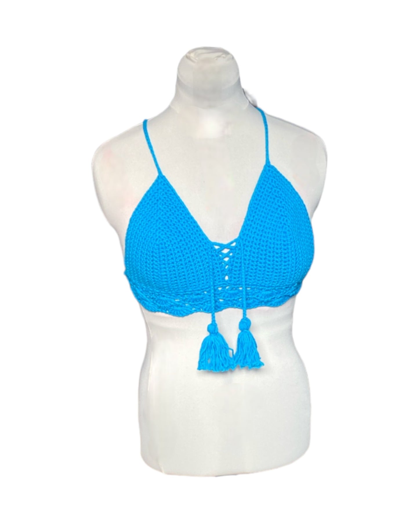 Gehaakte crop-top bralette katoen blauw – handgemaakte boho festival top – maat M