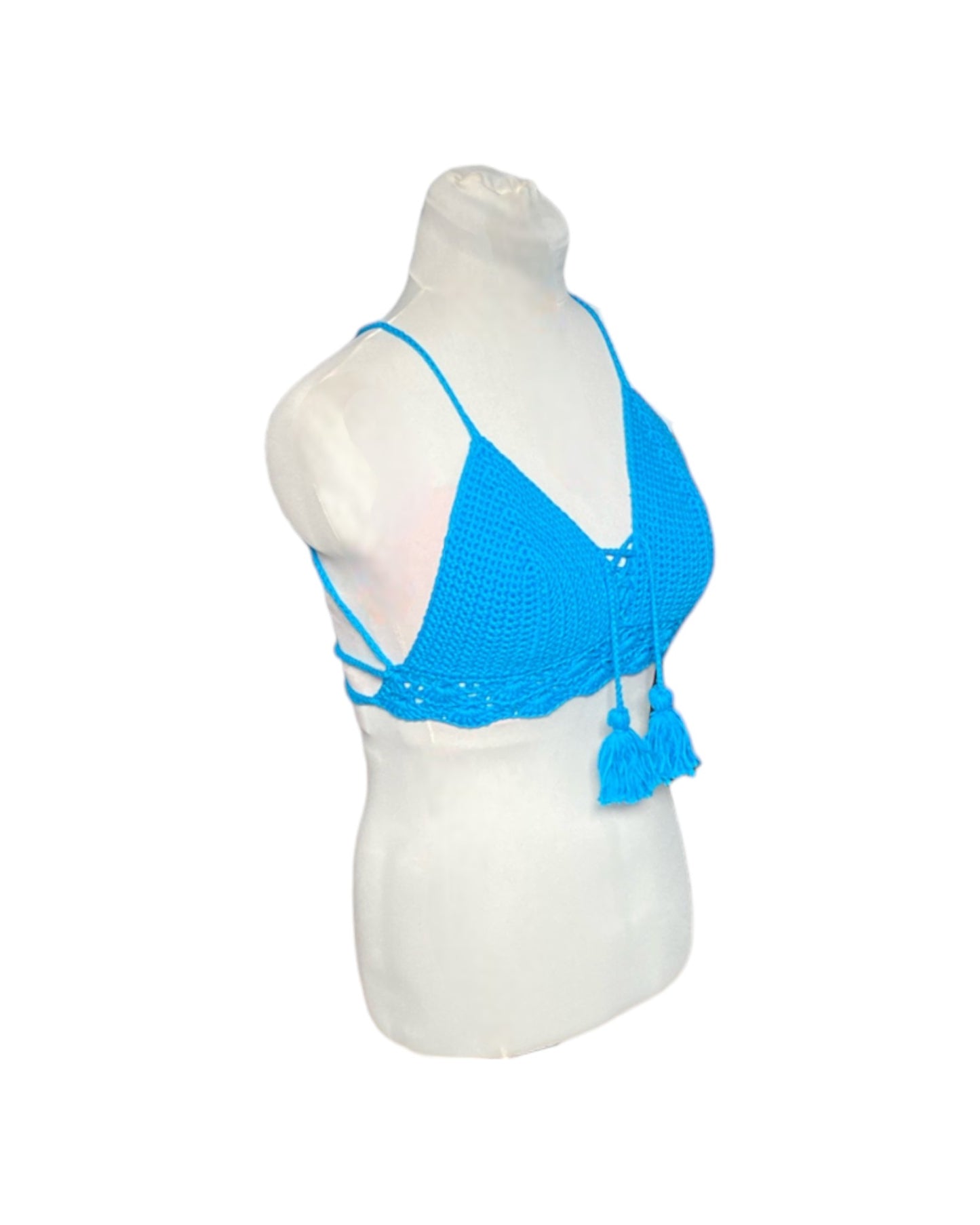 Gehaakte crop-top bralette katoen blauw – handgemaakte boho festival top – maat M