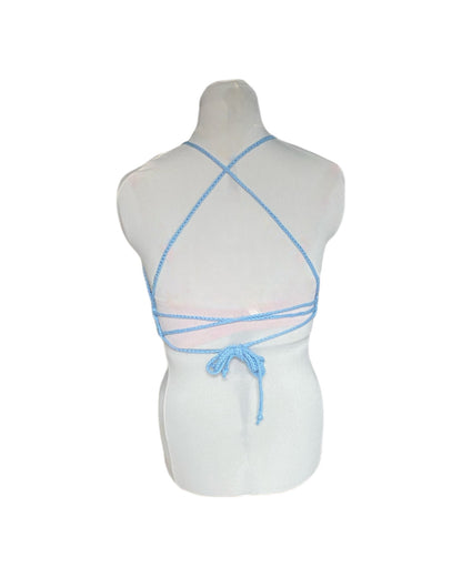 Gehaakte crop-top bralette katoen lichtblauw – handgemaakte boho festival top – maat XL