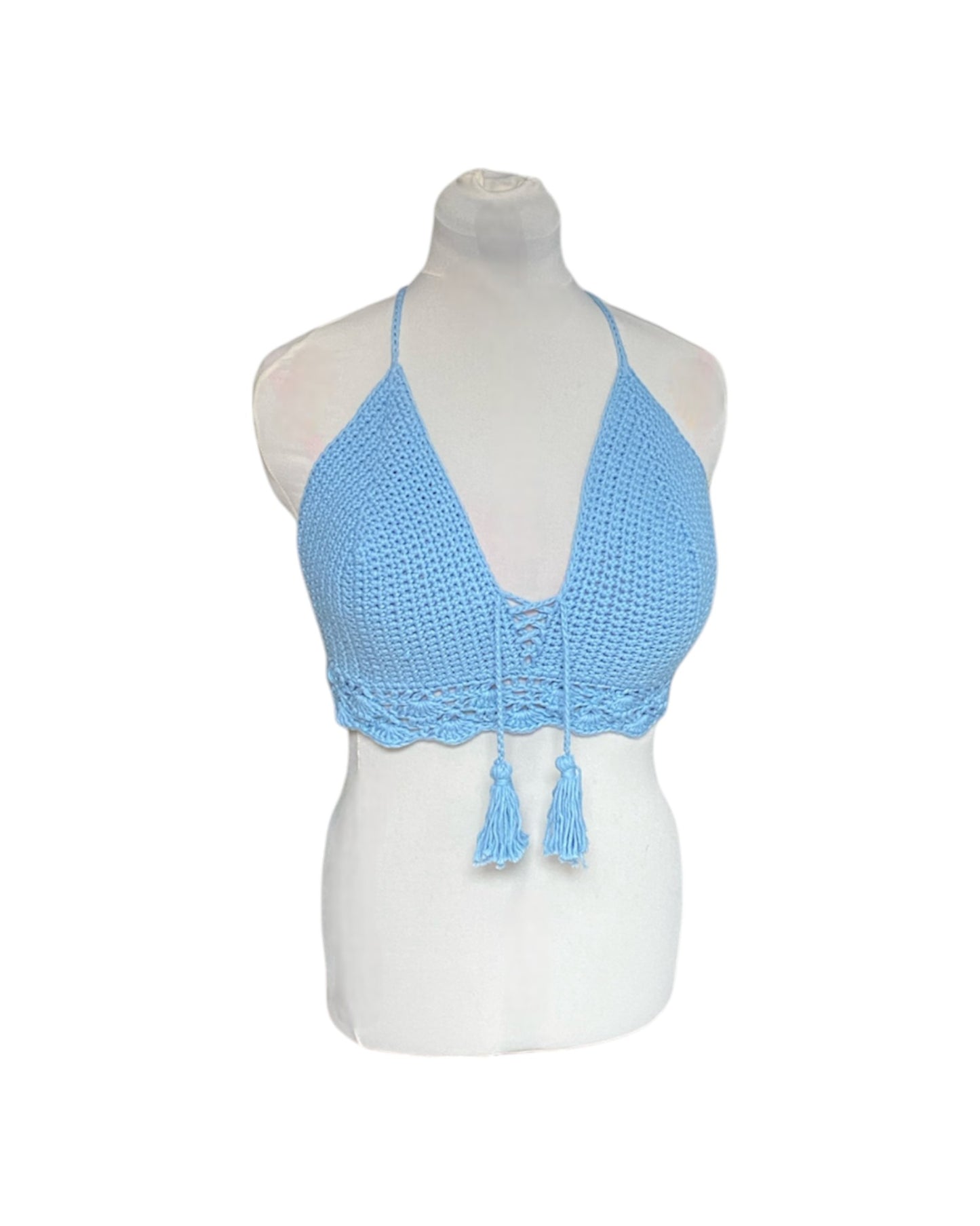 Gehaakte crop-top bralette katoen lichtblauw – handgemaakte boho festival top – maat XL