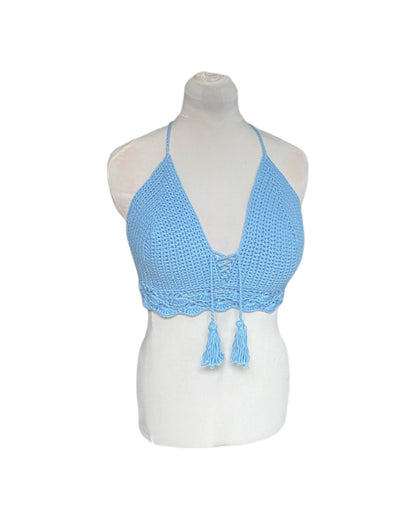 Gehaakte crop-top bralette katoen lichtblauw – handgemaakte boho festival top – maat XL