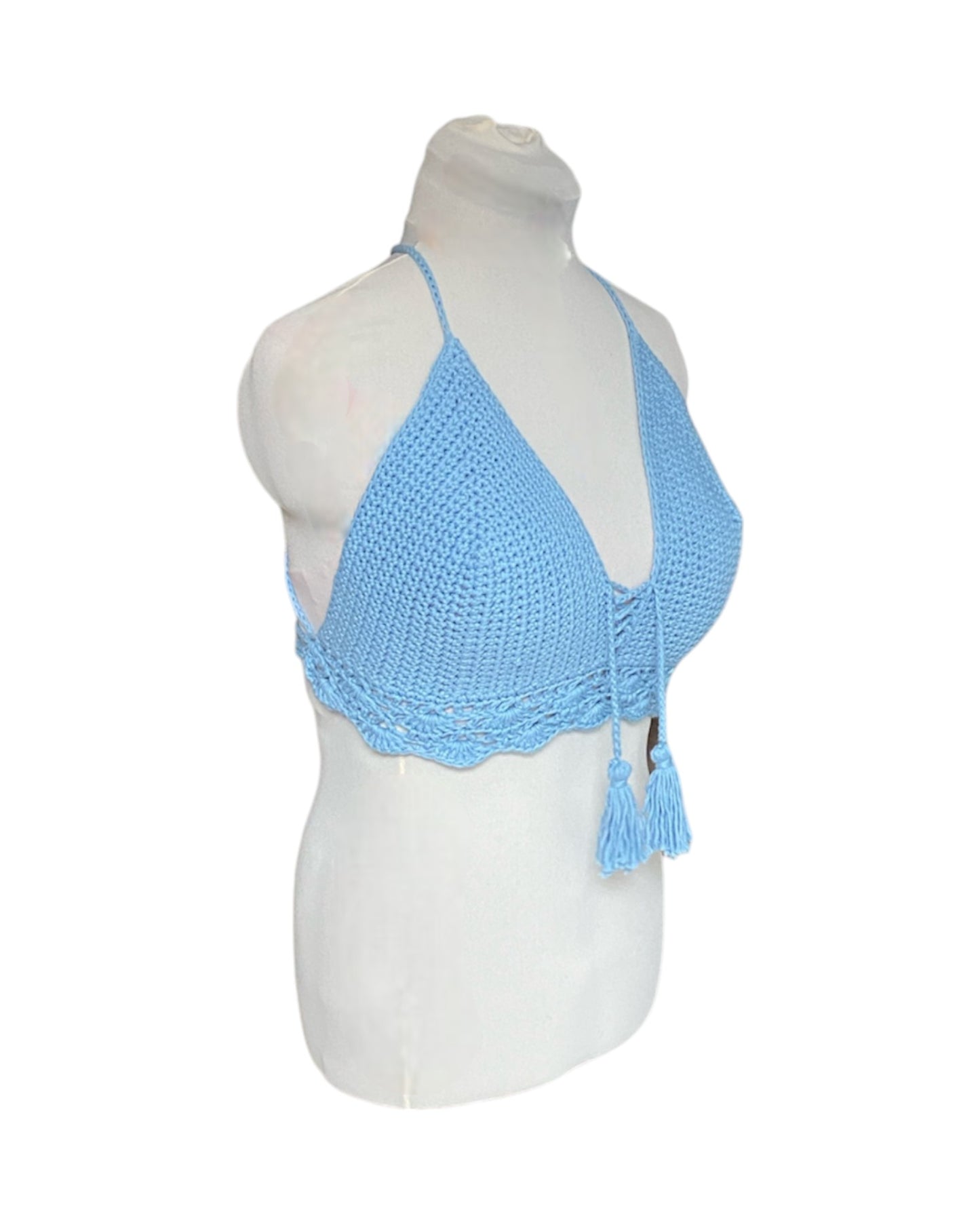 Gehaakte crop-top bralette katoen lichtblauw – handgemaakte boho festival top – maat XL