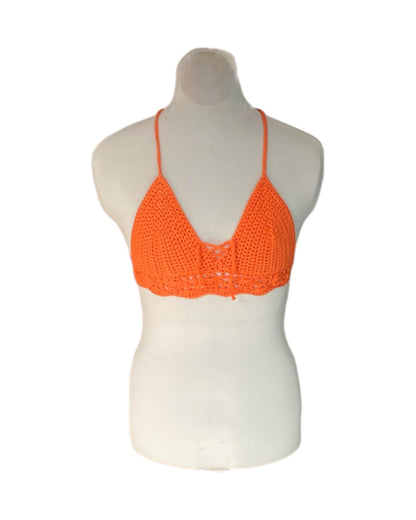 Gehaakte crop-top bralette katoen oranje – handgemaakte boho festival top – maat S
