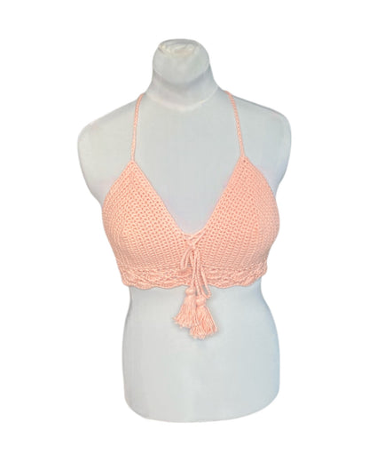 Gehaakte crop-top bralette katoen perzik kleur – handgemaakte boho festival top – maat L