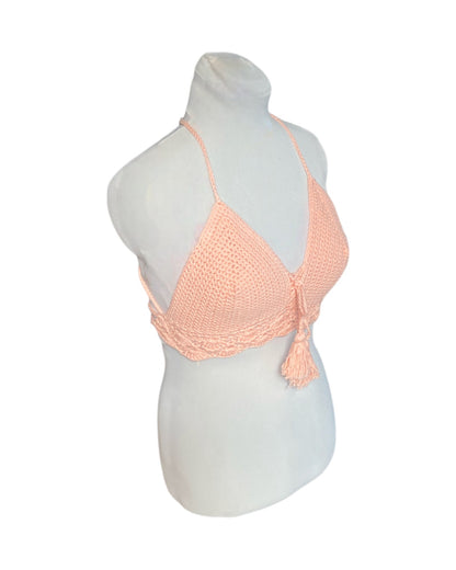 Gehaakte crop-top bralette katoen perzik kleur – handgemaakte boho festival top – maat L