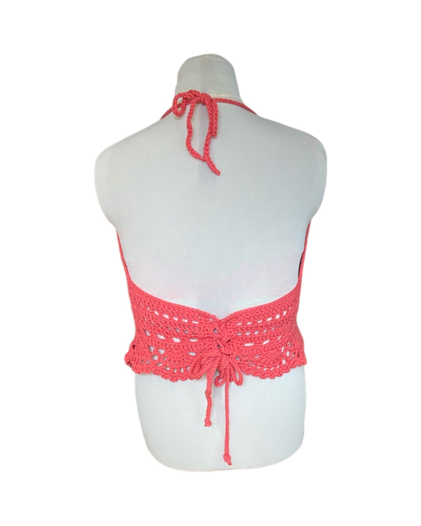 Gehaakte boho crop-top katoen koraal roze – handgemaakte festival top – maat  XL