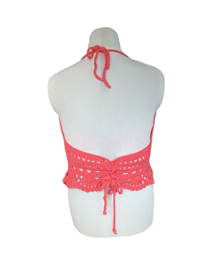 Gehaakte boho crop-top katoen koraal roze – handgemaakte festival top – maat  XL