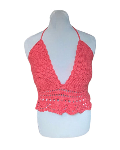 Gehaakte boho crop-top katoen koraal roze – handgemaakte festival top – maat  XL