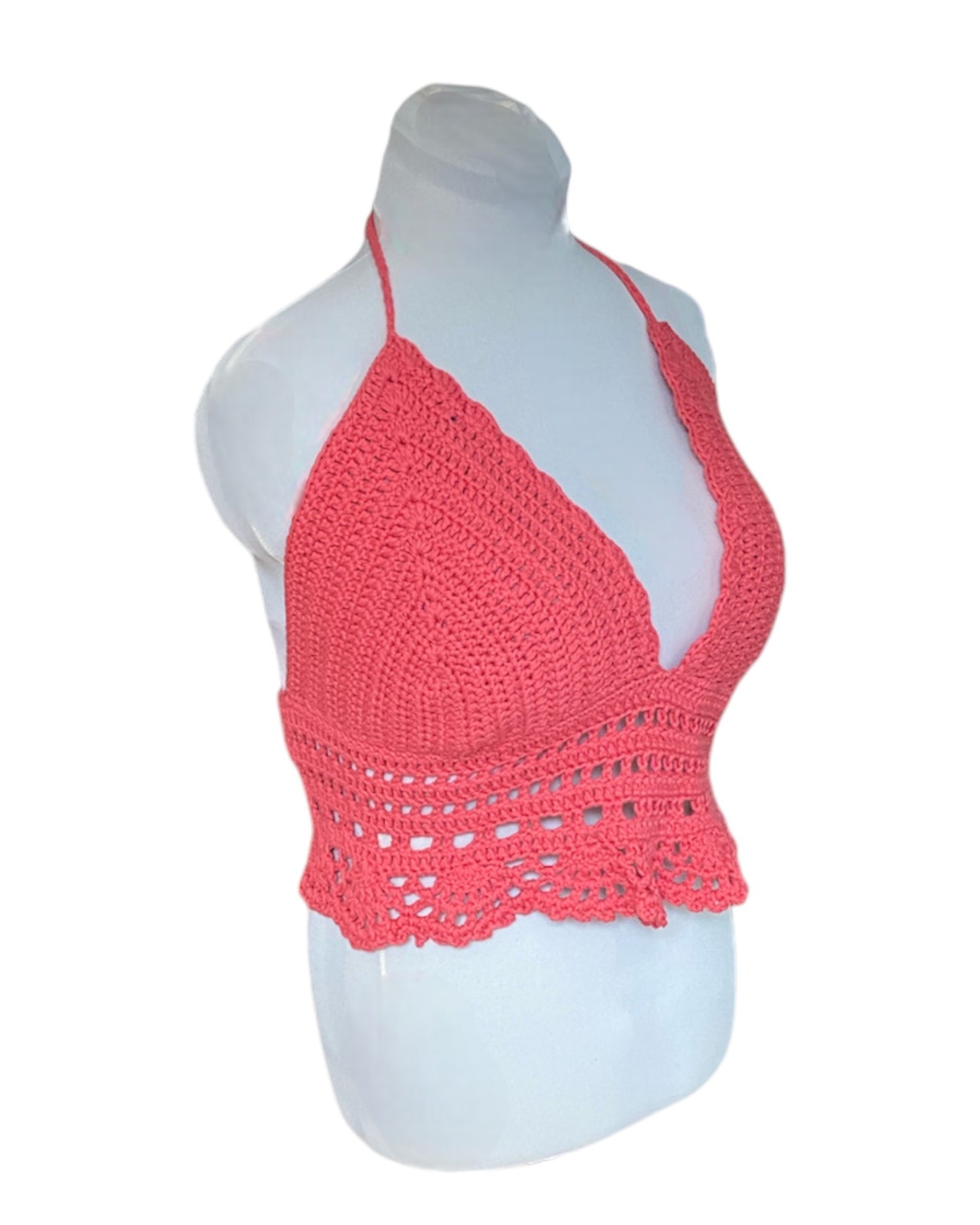 Gehaakte boho crop-top katoen koraal roze – handgemaakte festival top – maat  XL