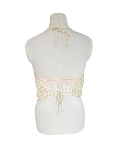Gehaakte boho crop-top katoen ecru – handgemaakte festival top – maat M