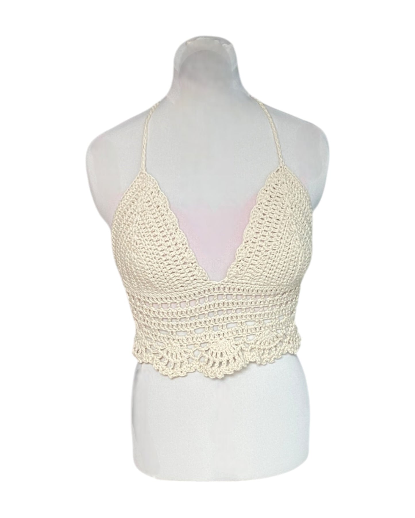 Gehaakte boho crop-top katoen ecru – handgemaakte festival top – maat M