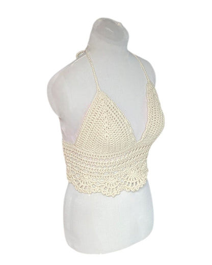 Gehaakte boho crop-top katoen ecru – handgemaakte festival top – maat M