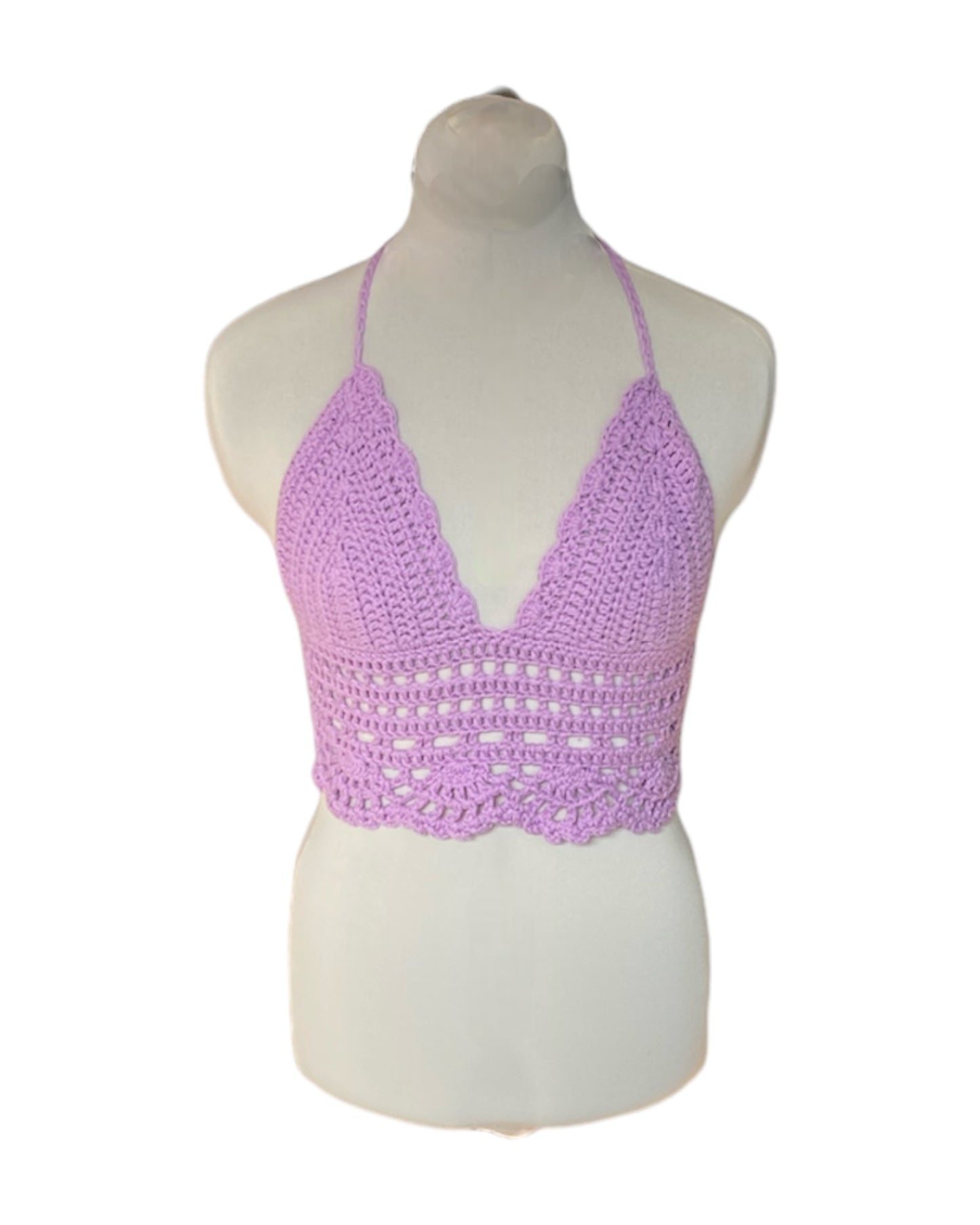 Gehaakte boho crop-top katoen licht paars – handgemaakte festival top – maat S