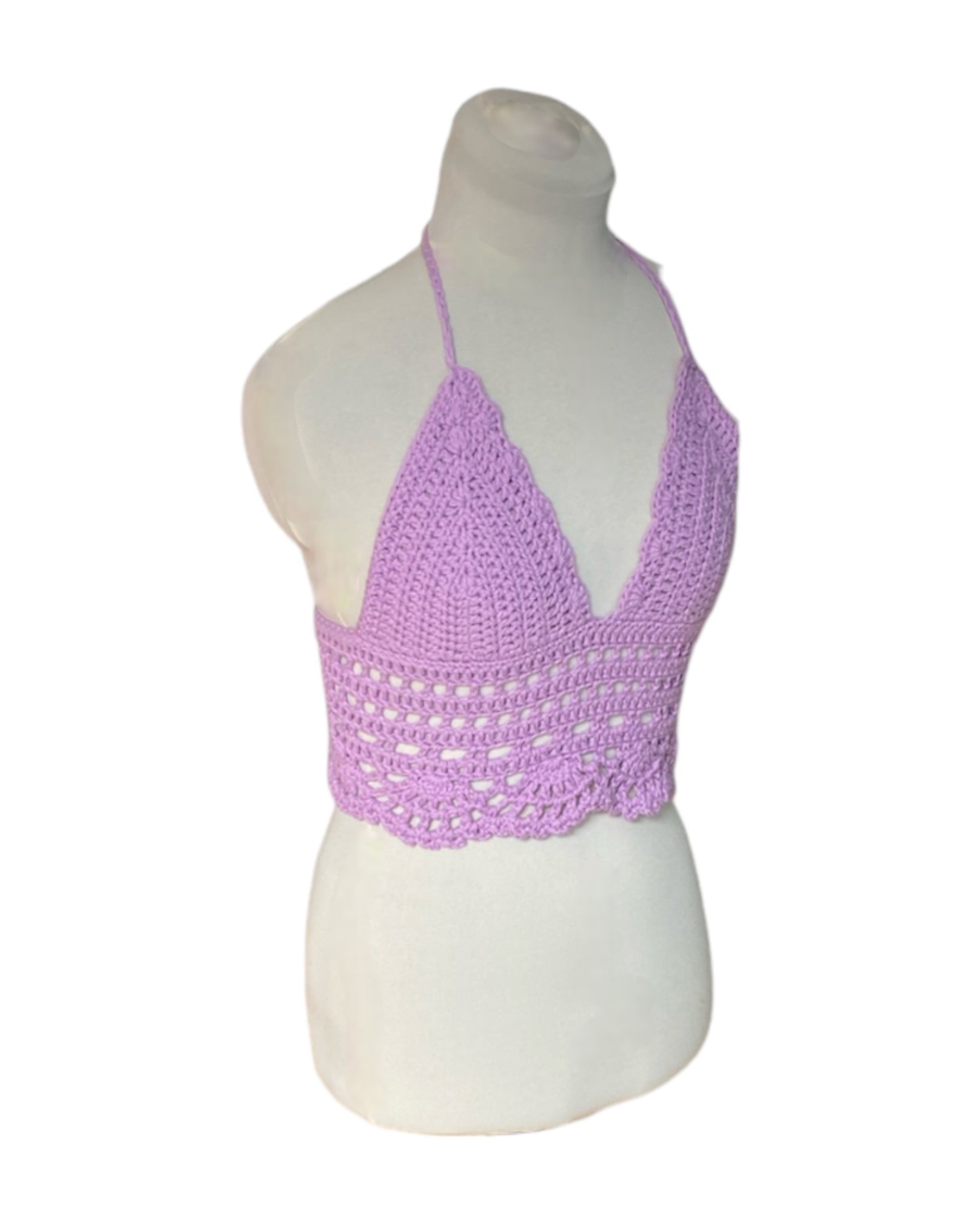 Gehaakte boho crop-top katoen licht paars – handgemaakte festival top – maat S