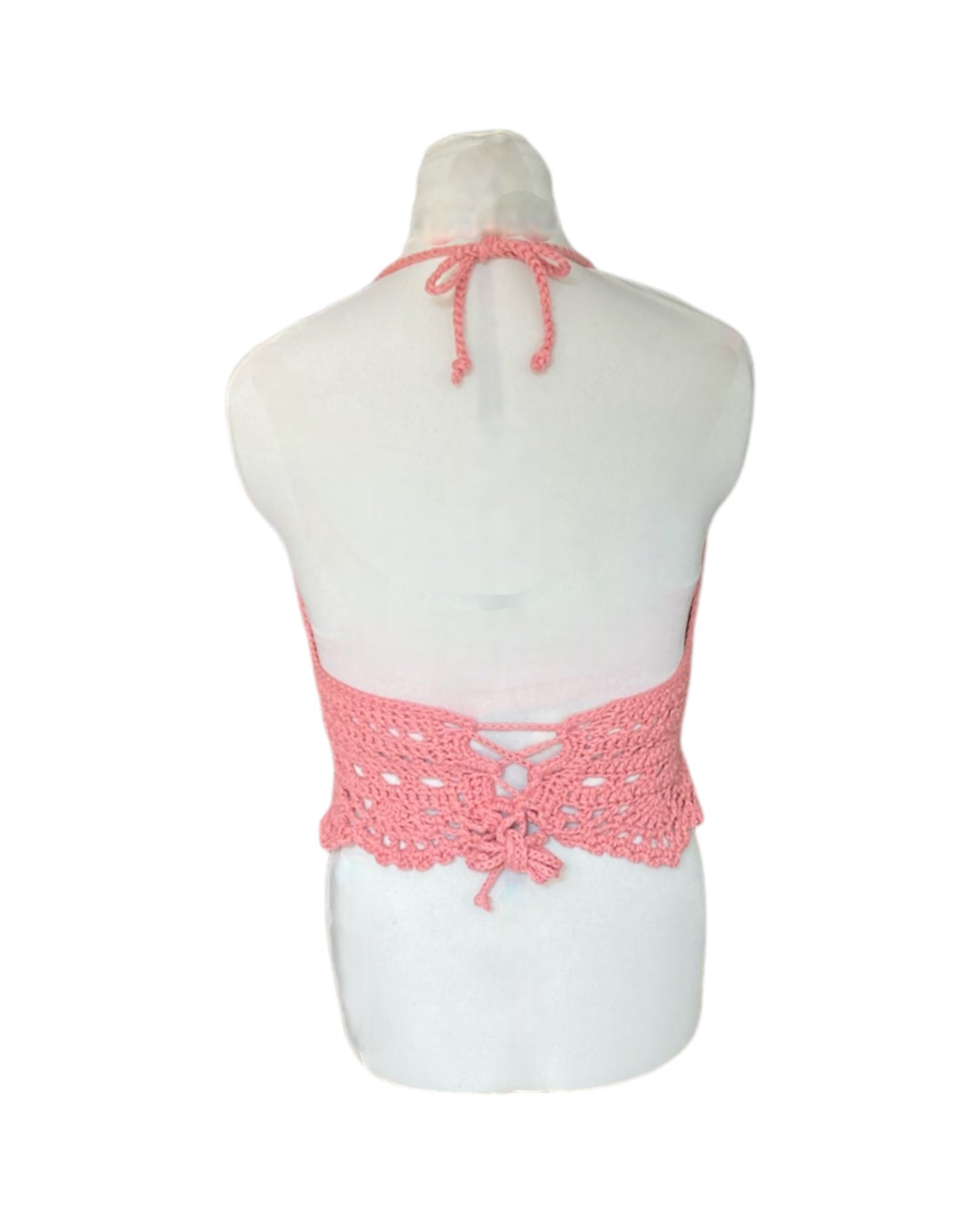 Gehaakte boho Daisy crop-top katoen roze – handgemaakte festival top – maat L