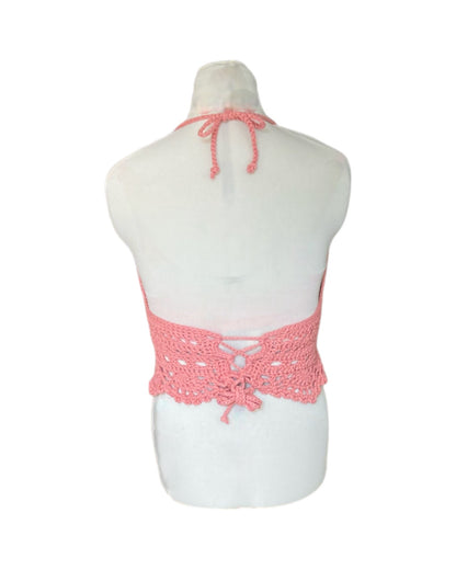 Gehaakte boho Daisy crop-top katoen roze – handgemaakte festival top – maat L