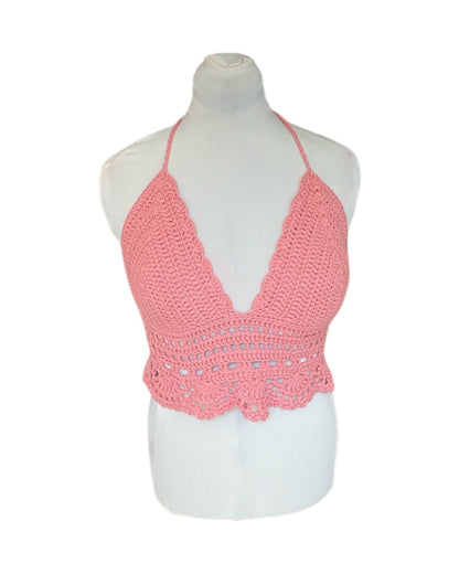 Gehaakte boho Daisy crop-top katoen roze – handgemaakte festival top – maat L