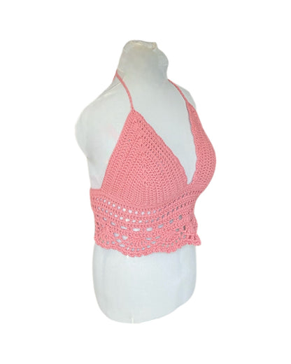 Gehaakte boho Daisy crop-top katoen roze – handgemaakte festival top – maat L