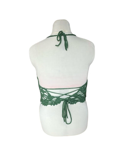 Gehaakte kanten bralette katoen donkergroen - handgemaakte elegante festival top  – maat XL