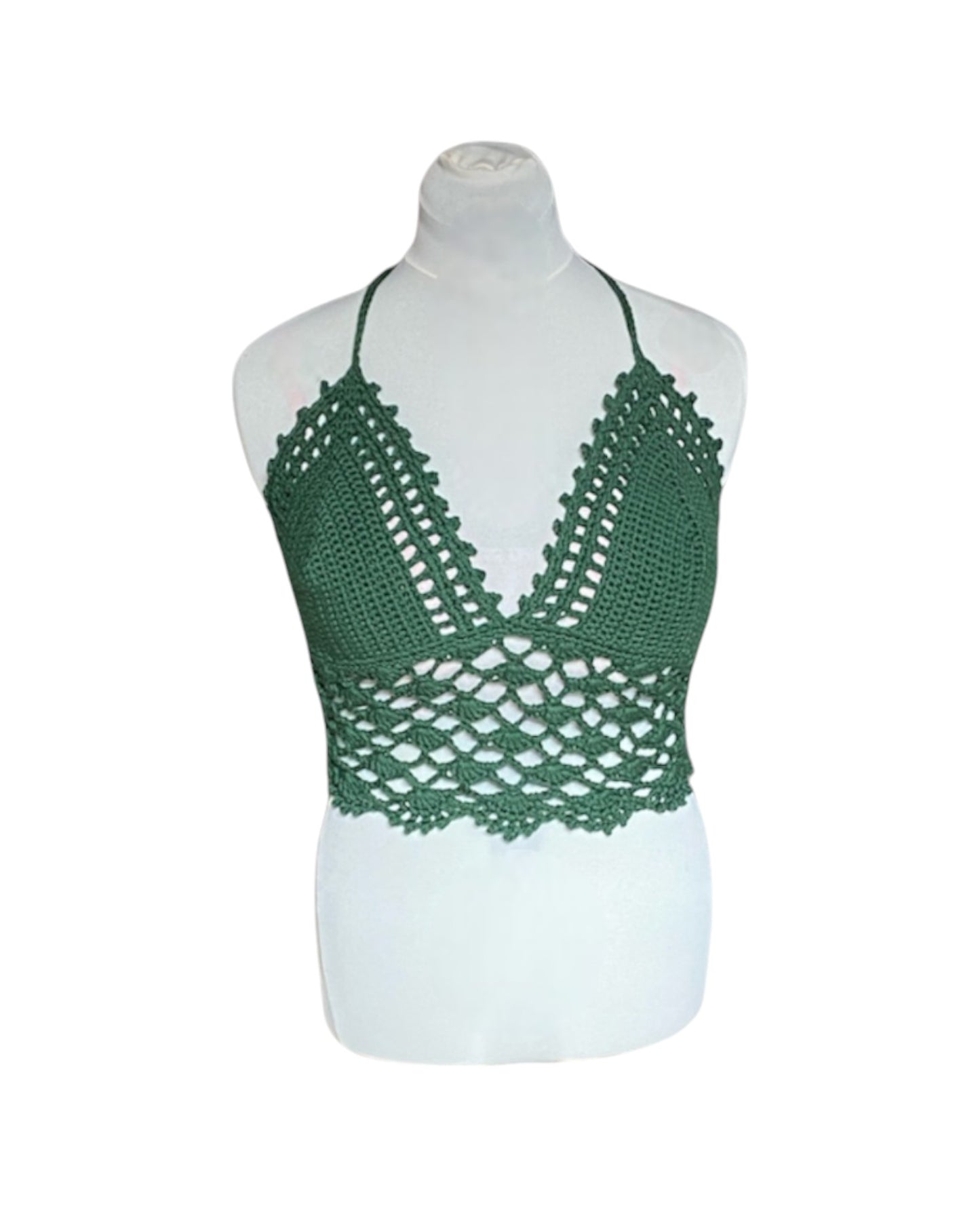 Gehaakte kanten bralette katoen donkergroen - handgemaakte elegante festival top  – maat XL