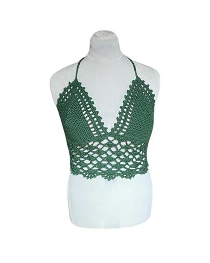 Gehaakte kanten bralette katoen donkergroen - handgemaakte elegante festival top  – maat XL