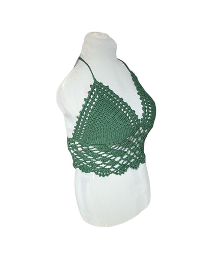Gehaakte kanten bralette katoen donkergroen - handgemaakte elegante festival top  – maat XL