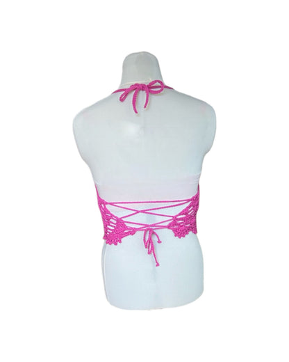 Gehaakte kanten bralette katoen roze fuchsia - handgemaakte elegante festival top  – maat M