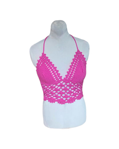 Gehaakte kanten bralette katoen roze fuchsia - handgemaakte elegante festival top  – maat M