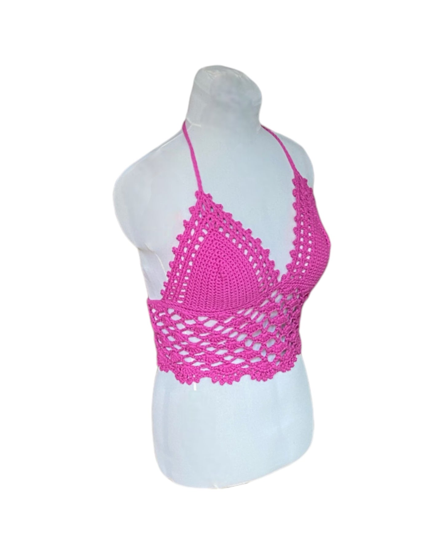 Gehaakte kanten bralette katoen roze fuchsia - handgemaakte elegante festival top  – maat M