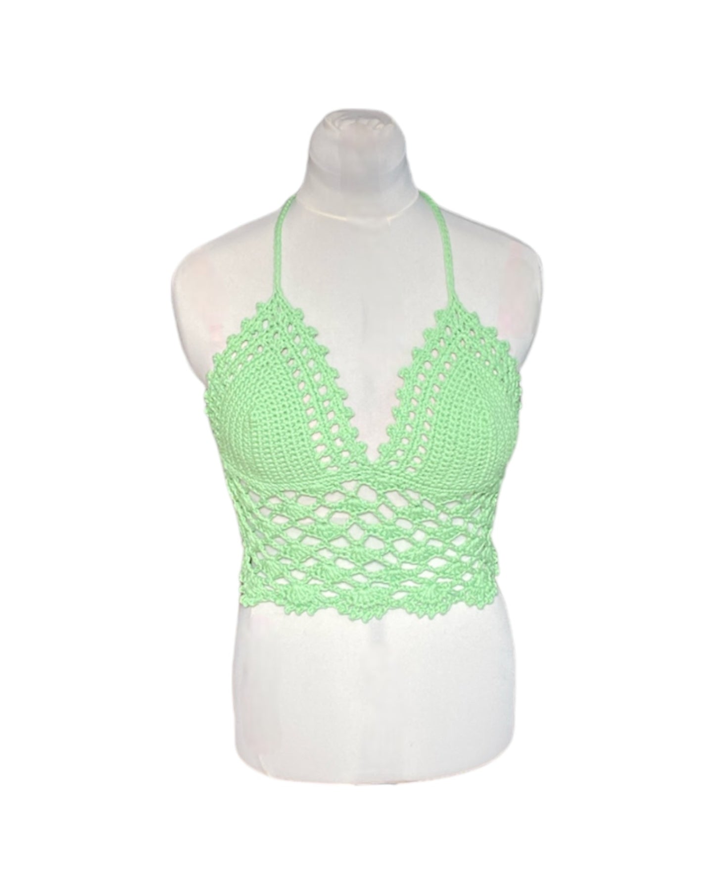 Gehaakte kanten bralette katoen lichtgroen - handgemaakte elegante festival top  – maat L