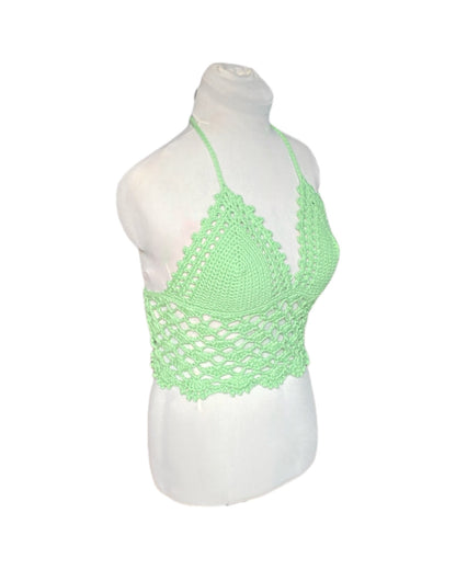 Gehaakte kanten bralette katoen lichtgroen - handgemaakte elegante festival top  – maat L