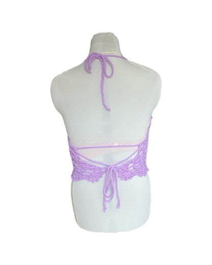 Gehaakte kanten bralette katoen lichtpaars - handgemaakte elegante festival top  – maat M