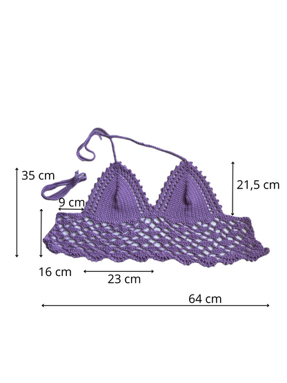 Gehaakte kanten bralette katoen lichtpaars - handgemaakte elegante festival top  – maat M