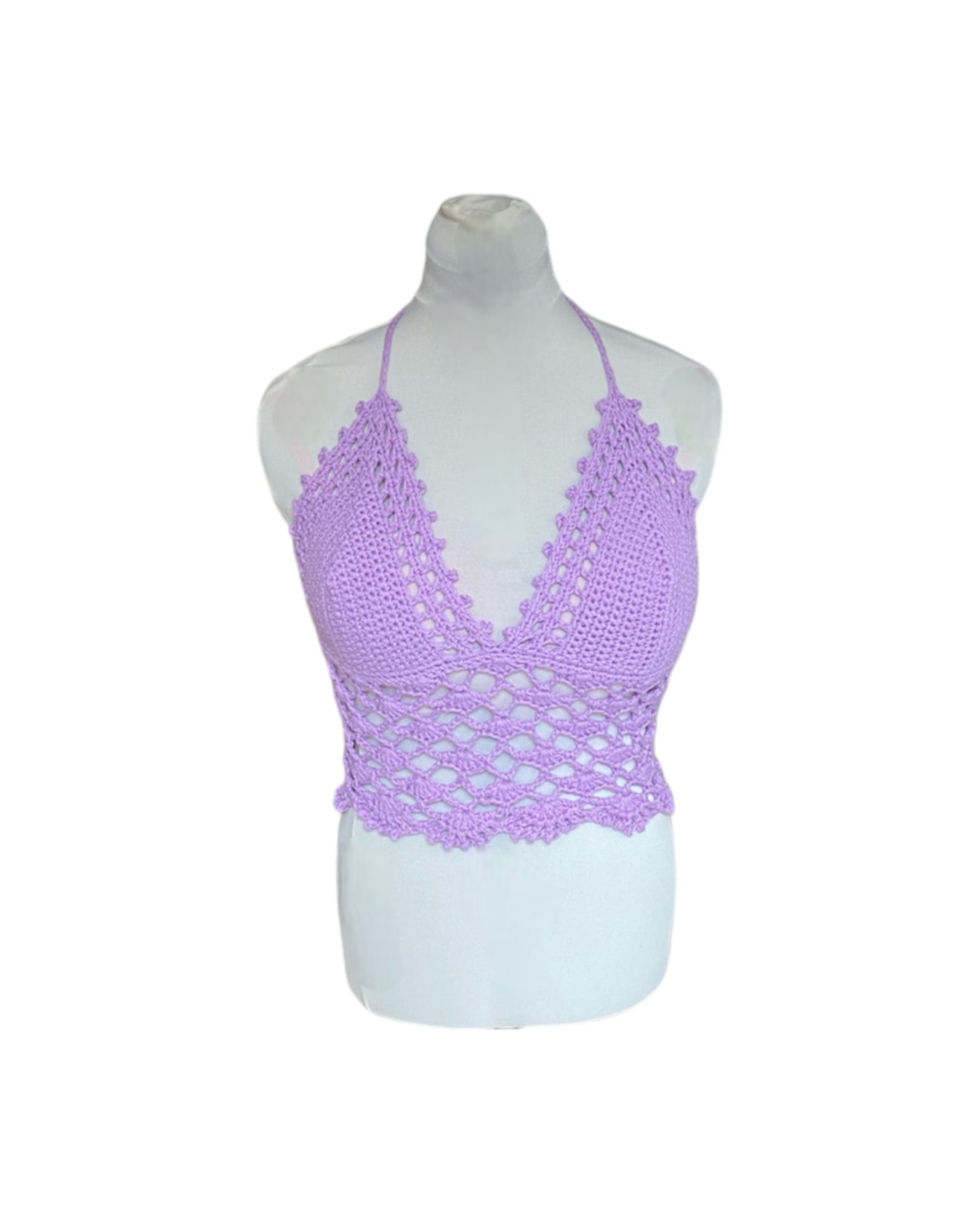 Gehaakte kanten bralette katoen lichtpaars - handgemaakte elegante festival top  – maat M