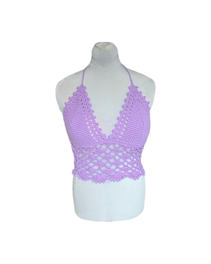 Gehaakte kanten bralette katoen lichtpaars - handgemaakte elegante festival top  – maat M