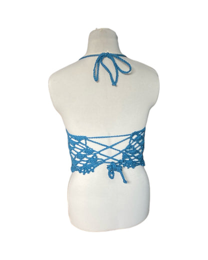 Gehaakte kanten bralette katoen blauw - handgemaakte elegante festival top  – maat S