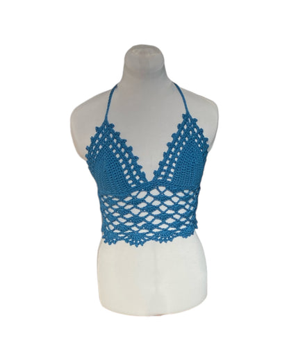 Gehaakte kanten bralette katoen blauw - handgemaakte elegante festival top  – maat S