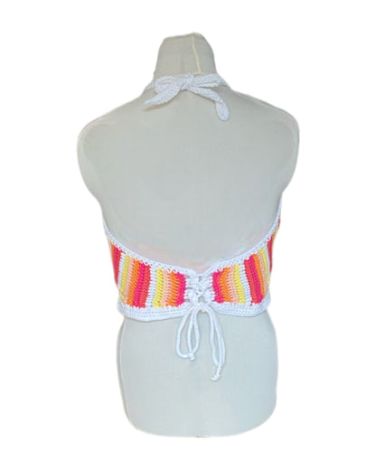 Gehaakte halter-top met bloem granny square - handgemaakte boho festival top  van katoen – maat L