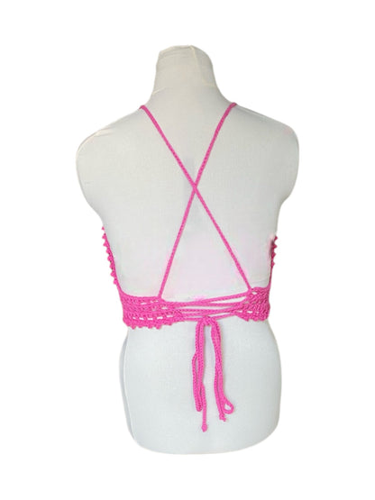 Gehaakte vrolijke crop-top van katoen - handgemaakte roze festival top - maat L