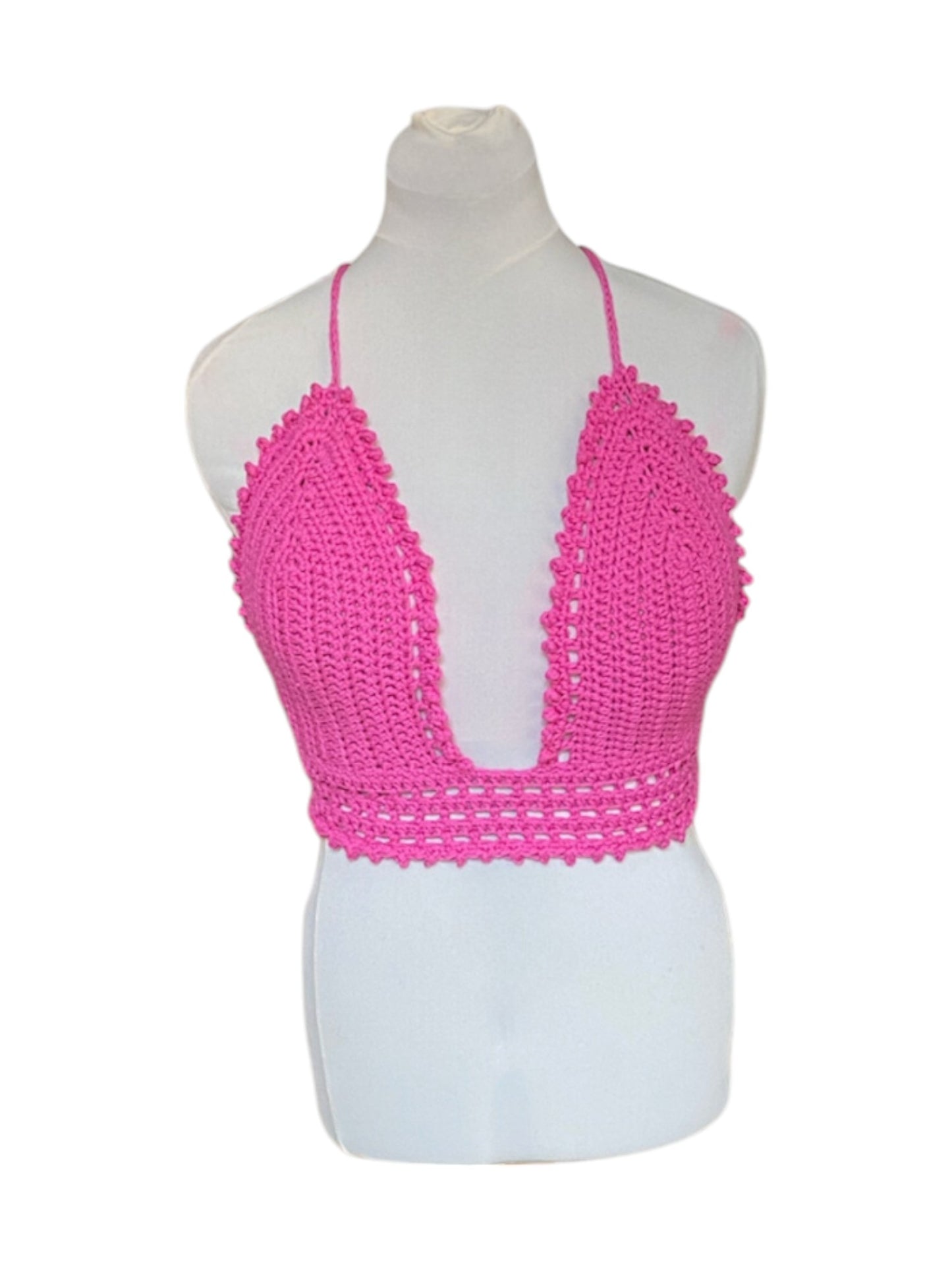 Gehaakte vrolijke crop-top van katoen - handgemaakte roze festival top - maat L